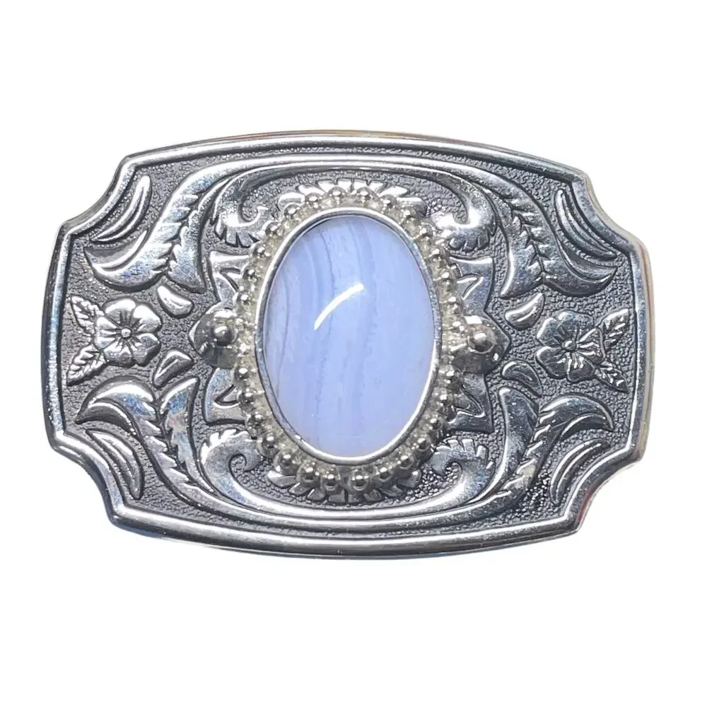 Western Floral Silver Tone Belt Buckle White Stone Women's Kids